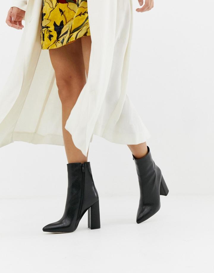 Prettylittlething Faux Croc Block Heel Boots In Black - Black