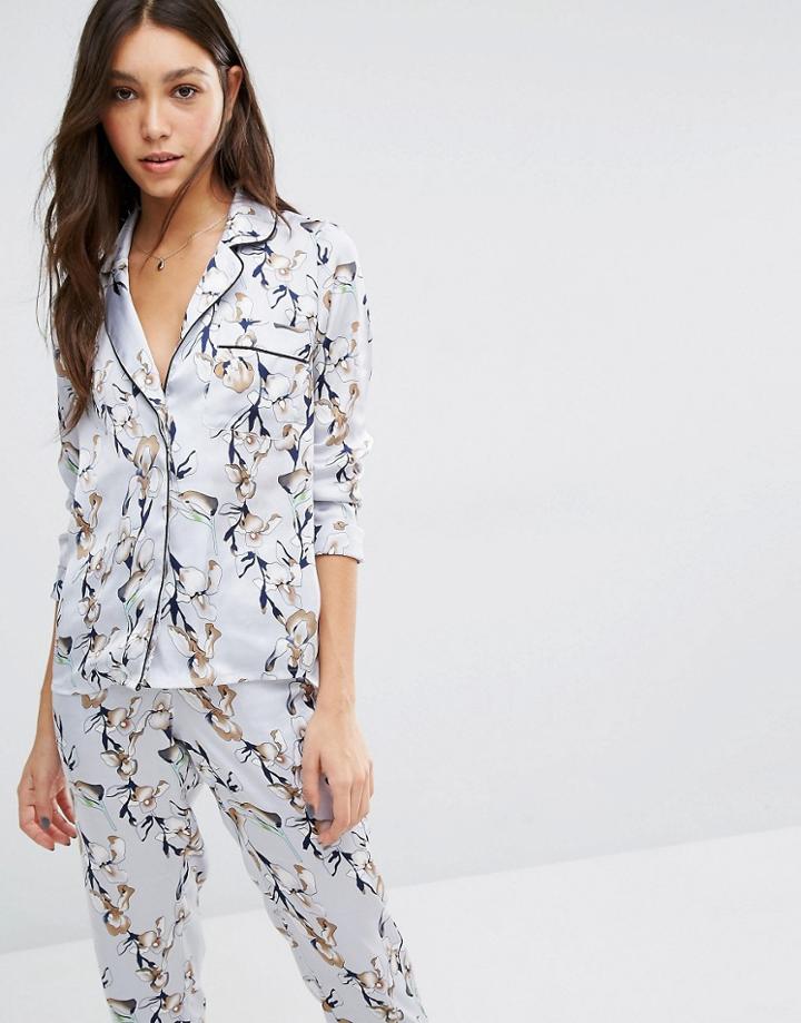 Vero Moda Satin Pyjama Style Blouse In Floral Print - Blue
