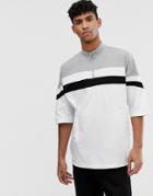Asos Design Oversized T-shirt Half Sleeve And Turtle Zip Neck With Body Color Block - White