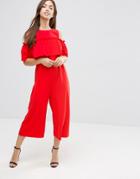 Asos Jumpsuit With Ruffle Cold Shoulder Detail - Red