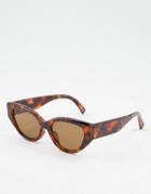Asos Design Cat Eye Sunglasses With Bevel Detail In Brown Tort - Brown