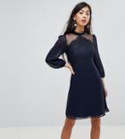 Elise Ryan Petite High Neck Skater Dress With Lace Detail-navy