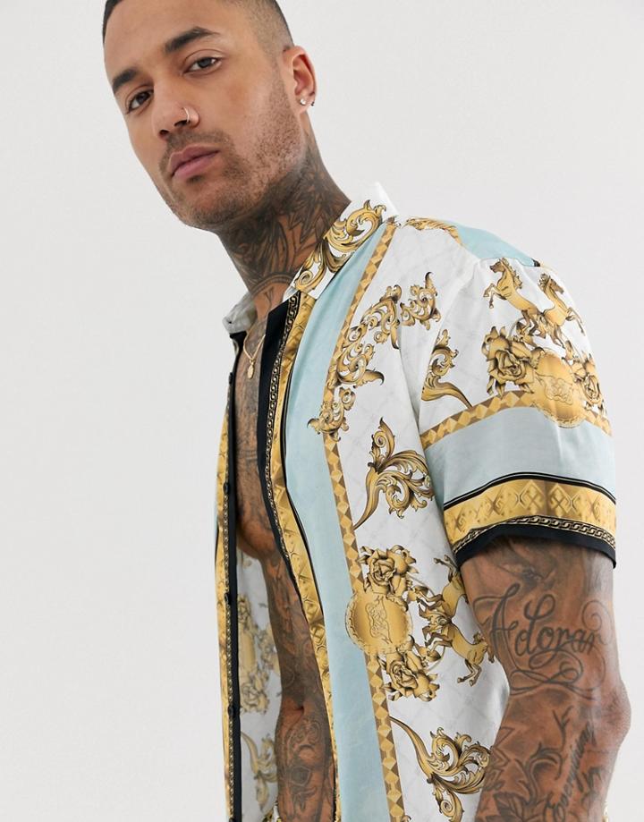 Siksilk Two-piece Short Sleeve Shirt In White And Gold Print - White
