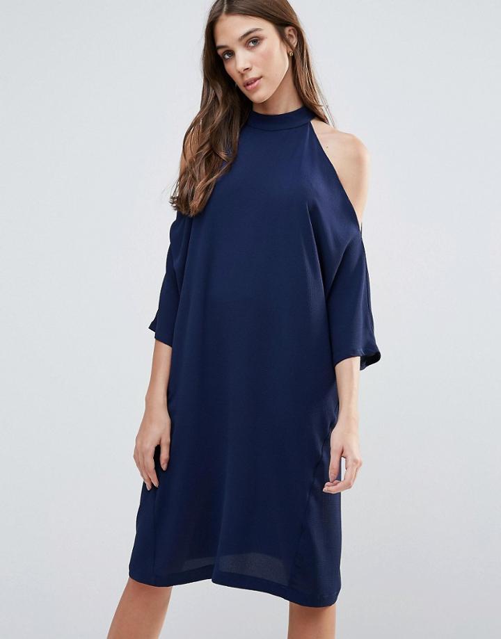 Liquorish Cold Shoulder Oversized Midi Dress - Navy
