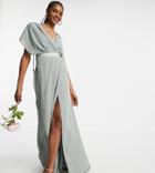 Asos Design Tall Bridesmaid Short Sleeved Cowl Front Maxi Dress With Button Back Detail In Olive-green