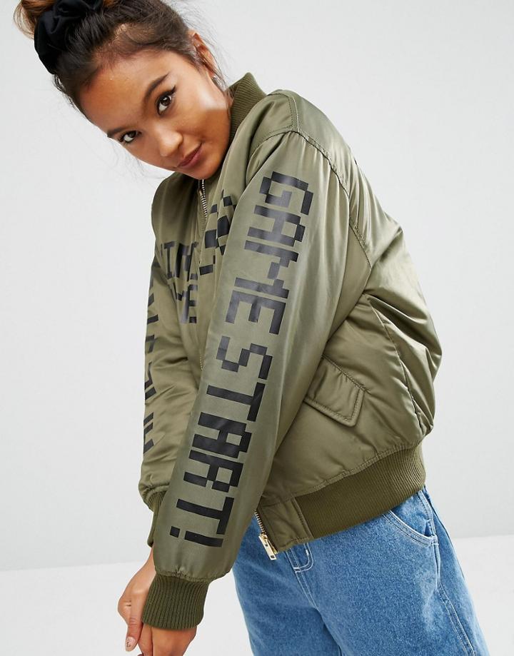 Mini Cream Bomber Jacket With Back Print & Contrast Lining - Green