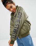Mini Cream Bomber Jacket With Back Print & Contrast Lining - Green