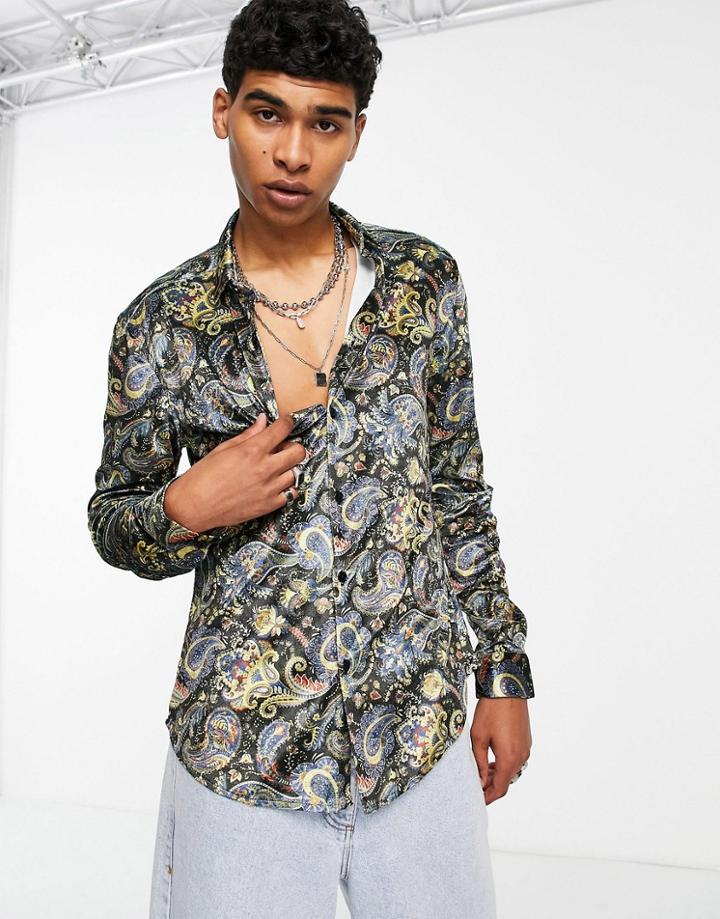 Asos Design Slim Fit Revere Shirt In Black Velvet Paisley
