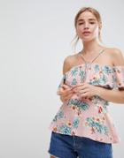Qed London Tropical Floral Print Cold Shoulder Top - Pink
