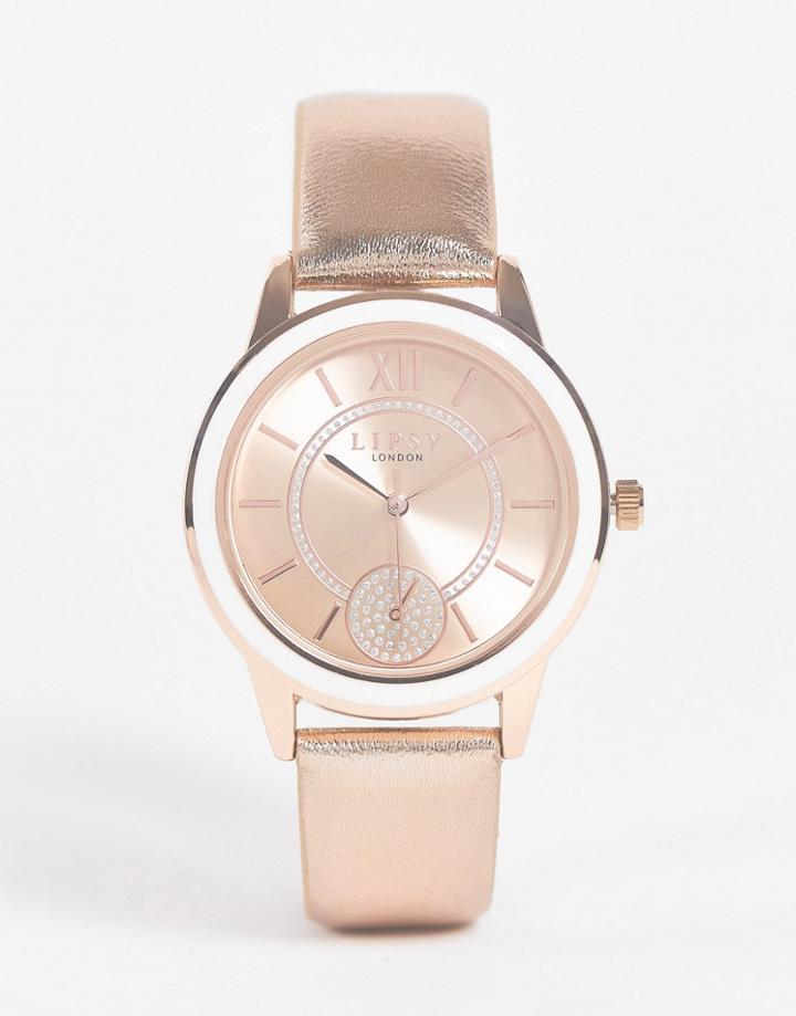 Lipsy Leather Strap Watch With Rhinestone Face Detail In Rose Gold