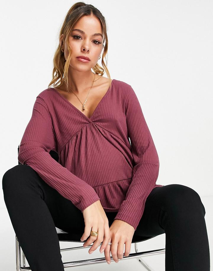 Asos Design Maternity Rib Smock Top With Long Sleeve In Aubergine-purple