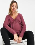 Asos Design Maternity Rib Smock Top With Long Sleeve In Aubergine-purple