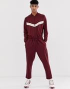Asos Design Jumpsuit In Poly Tricot With Chevron In Burgundy-red