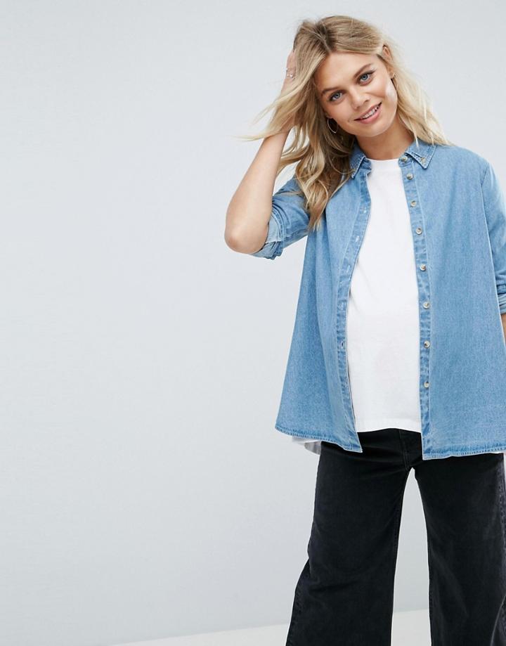 Asos Maternity Denim Shirt In Mid Wash Blue - Blue