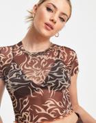 Bershka Contrast Lettuce Edge Printed Mesh Top In Brown