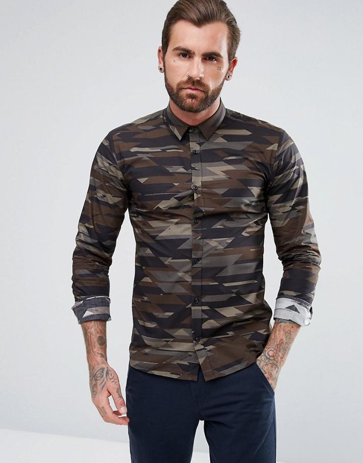 Hugo Ero 3 Extra Slim Camo Print Shirt In Khaki - Green