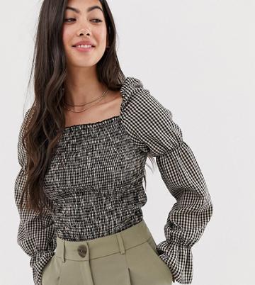 Boohoo Petite Exclusive Shirred Top With Puff Sleeves In Black Gingham - Multi