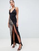 Asos Design Sequin Thigh Split Maxi Dress - Black