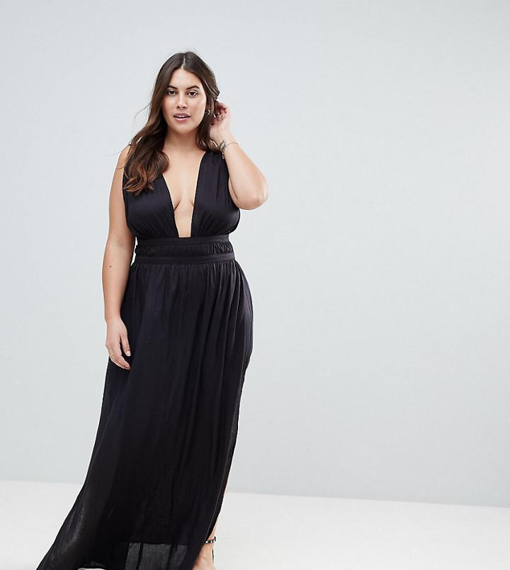 Asos Curve Grecian Plunge Maxi Woven Beach Dress - Black