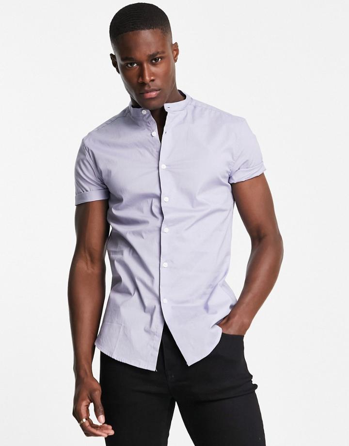 Asos Design Skinny Shirt With Grandad Collar In Pale Blue