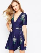 Asos Tea Dress With Wrap Front In Floral Print - Navy