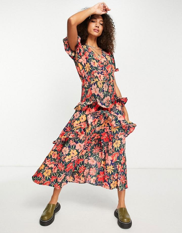 Topshop Shirred Waist Peplum Midi Dress In Large Floral-multi
