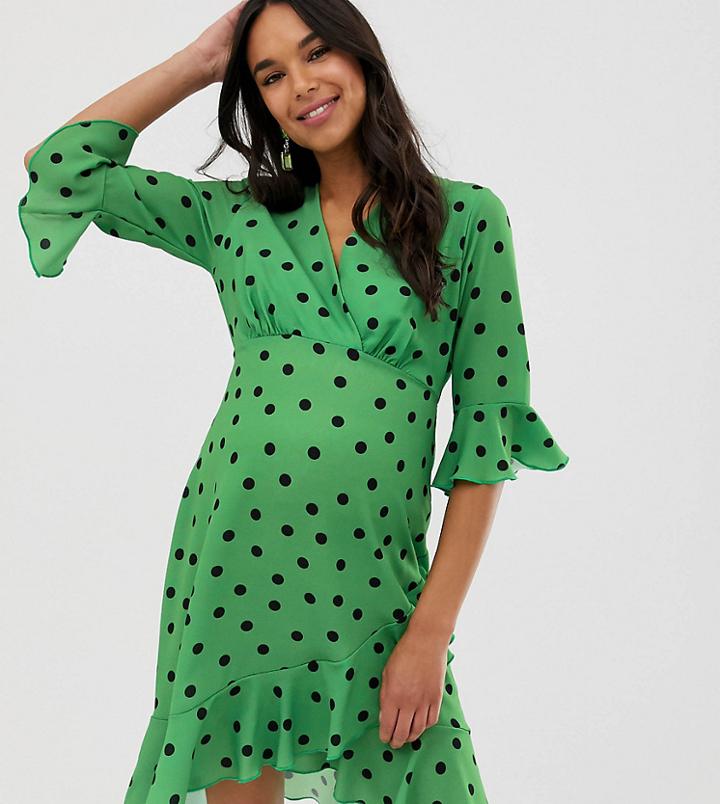 Blume Maternity Wrap Front Midi Tea Dress In Green Polka Dot