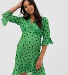 Blume Maternity Wrap Front Midi Tea Dress In Green Polka Dot