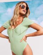 Asos Design Swim Glam Bandage Zip Front Contour Swimsuit In Shiny Sage-green