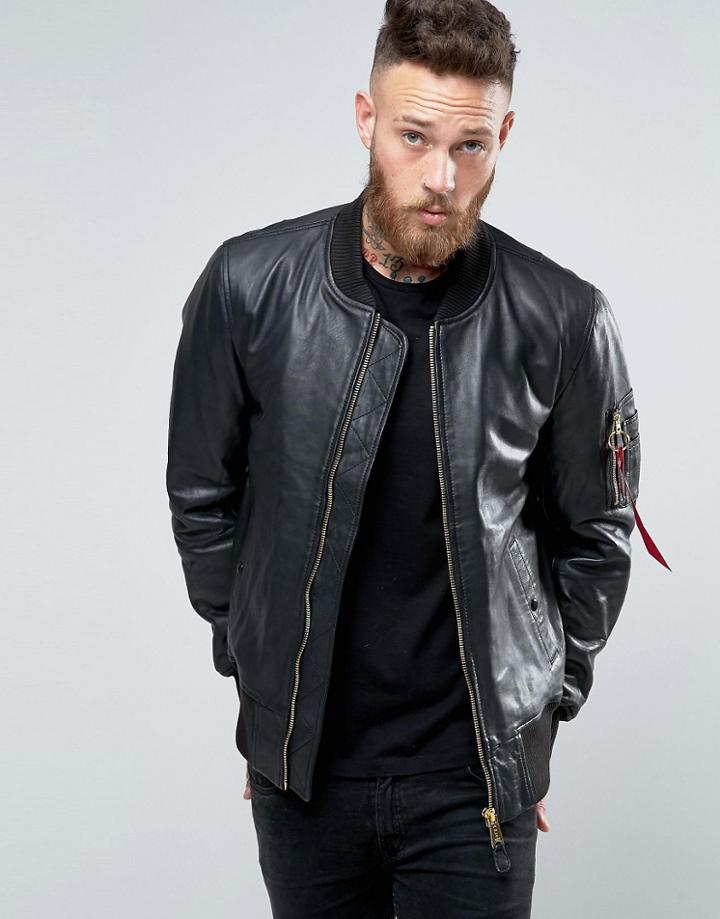 Alpha Industries Ma-1 Bomber Jacket In Leather Slim Fit Black - Black
