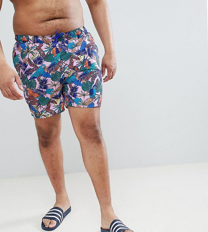 Asos Design Plus Swim Shorts In Tropical Print In Mid Length - Multi