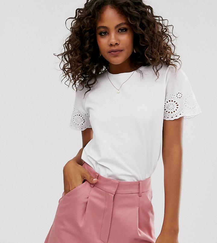 Asos Design Tall T-shirt With Broderie Sleeve In White
