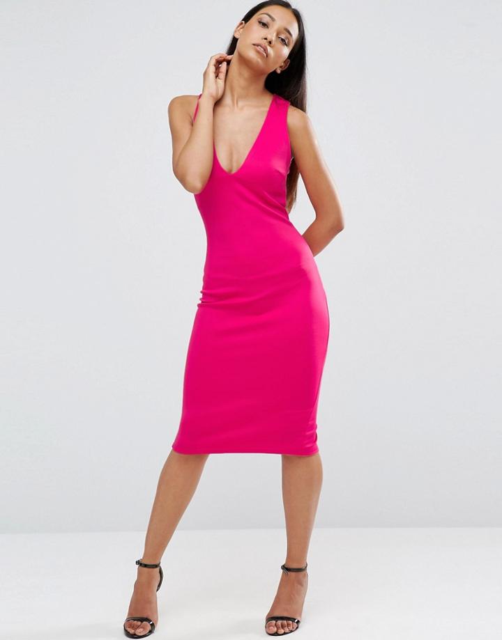 Ax Paris V Front Bodycon Midi Dress - Pink