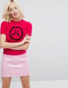 Lazy Oaf Fluffy T-shirt With Sad Face In Neon - Pink
