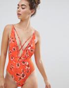 River Island Floral Print Lattice Plunge Swimsuit-red