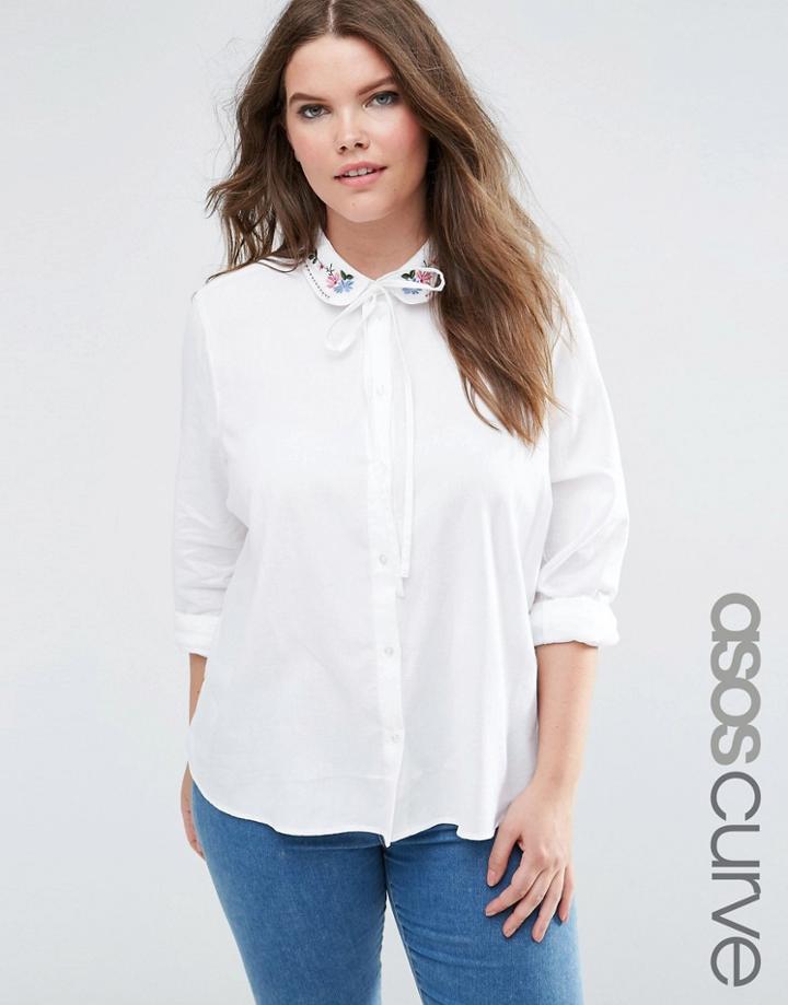 Asos Curve Pussy Bow Shirt With Embroidered Collar - White