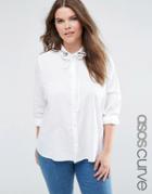 Asos Curve Pussy Bow Shirt With Embroidered Collar - White