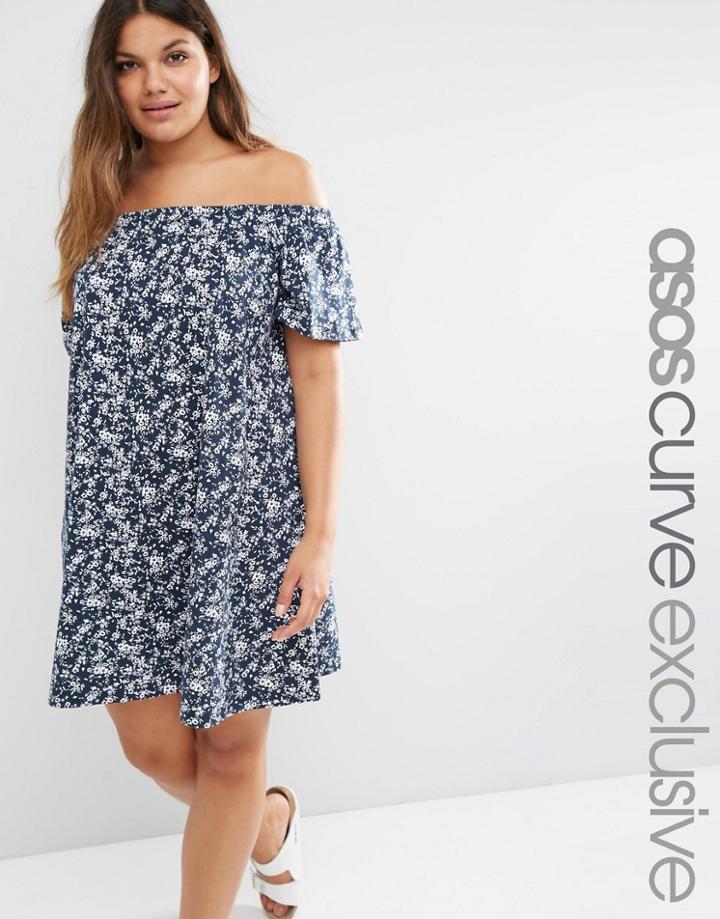 Asos Curve Boho Off Shoulder Dress In Ditsy Print - Print