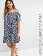 Asos Curve Boho Off Shoulder Dress In Ditsy Print - Print