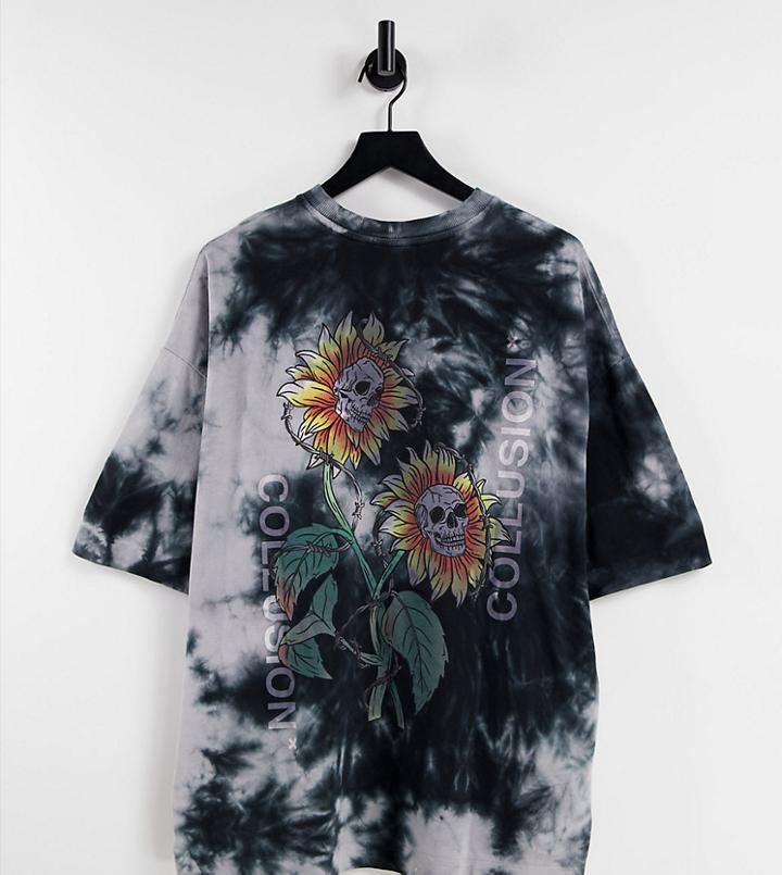Collusion Oversized T-shirt Print In Tie Dye Pique Fabric-grey