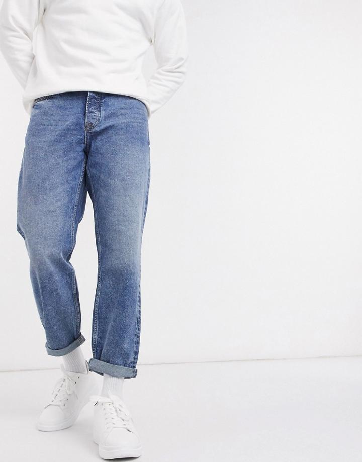Topman Organic Cotton Blend Relaxed Fit Jeans In Mid Wash Blue-blues