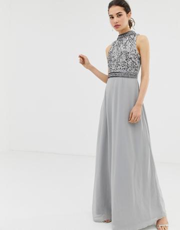Angel Eye High Neck Maxi Dress With Embellished Body - Gray