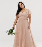 Asos Design Curve Bridesmaid Pleated Bodice Maxi Dress With Flutter Sleeve-pink