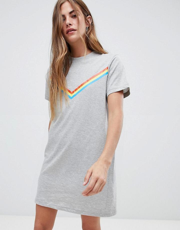 Daisy Street T Shirt Dress With Rainbow Chevron Stripe - Gray