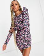 Asos Design Puff Sleeve Mini Dress With Tie Back In Black Base Floral