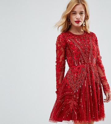 A Star Is Born Petite Embellished Skater Dress With Longsleeves - Red