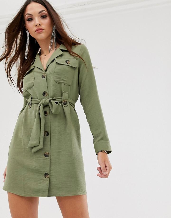 Asos Design Button Through Belted Mini Dress-green