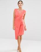 Little Mistress Pencil Dress With Embroidered Neckline - Coral