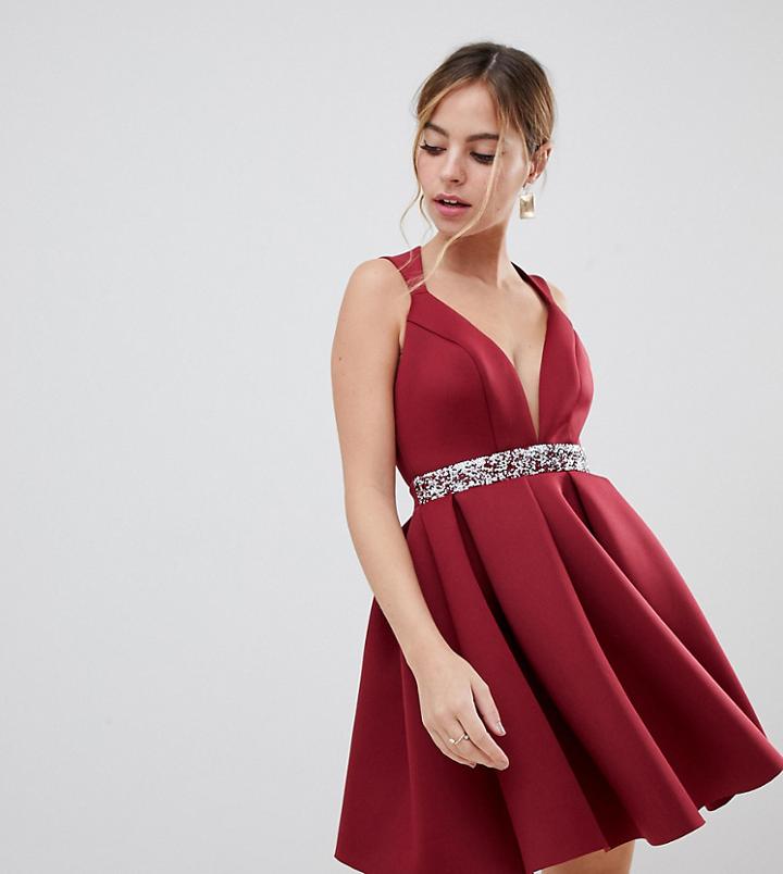 Asos Design Petite Mini Skater Dress With Glitz Waist Detail-pink