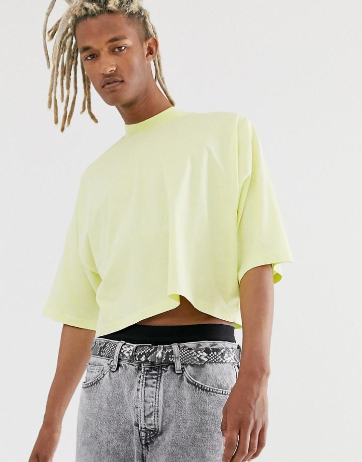 Asos Design Oversized Crop T-shirt With Mid Sleeve And High Neck In Pale Yellow-green